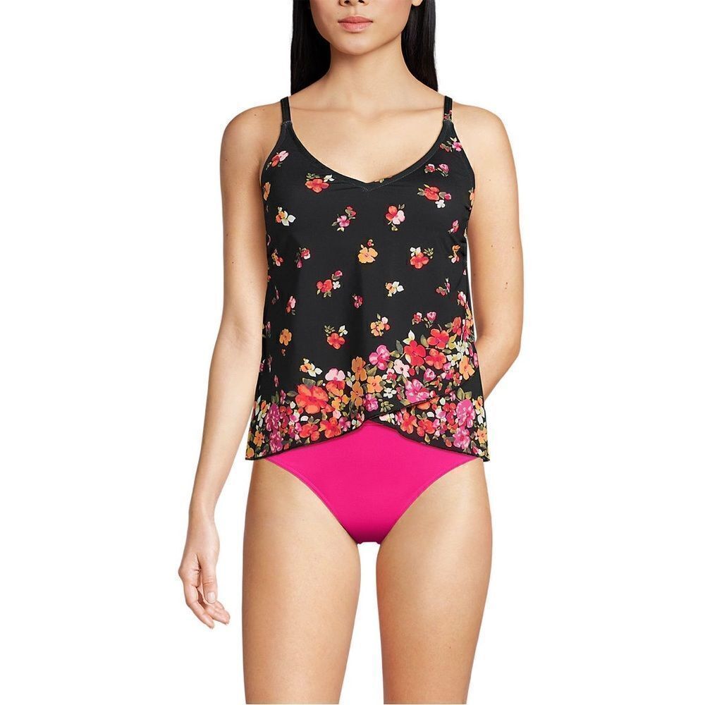 Land's End Plus Standard V neck Tulip tankini top Black Meadow Floral Border Var